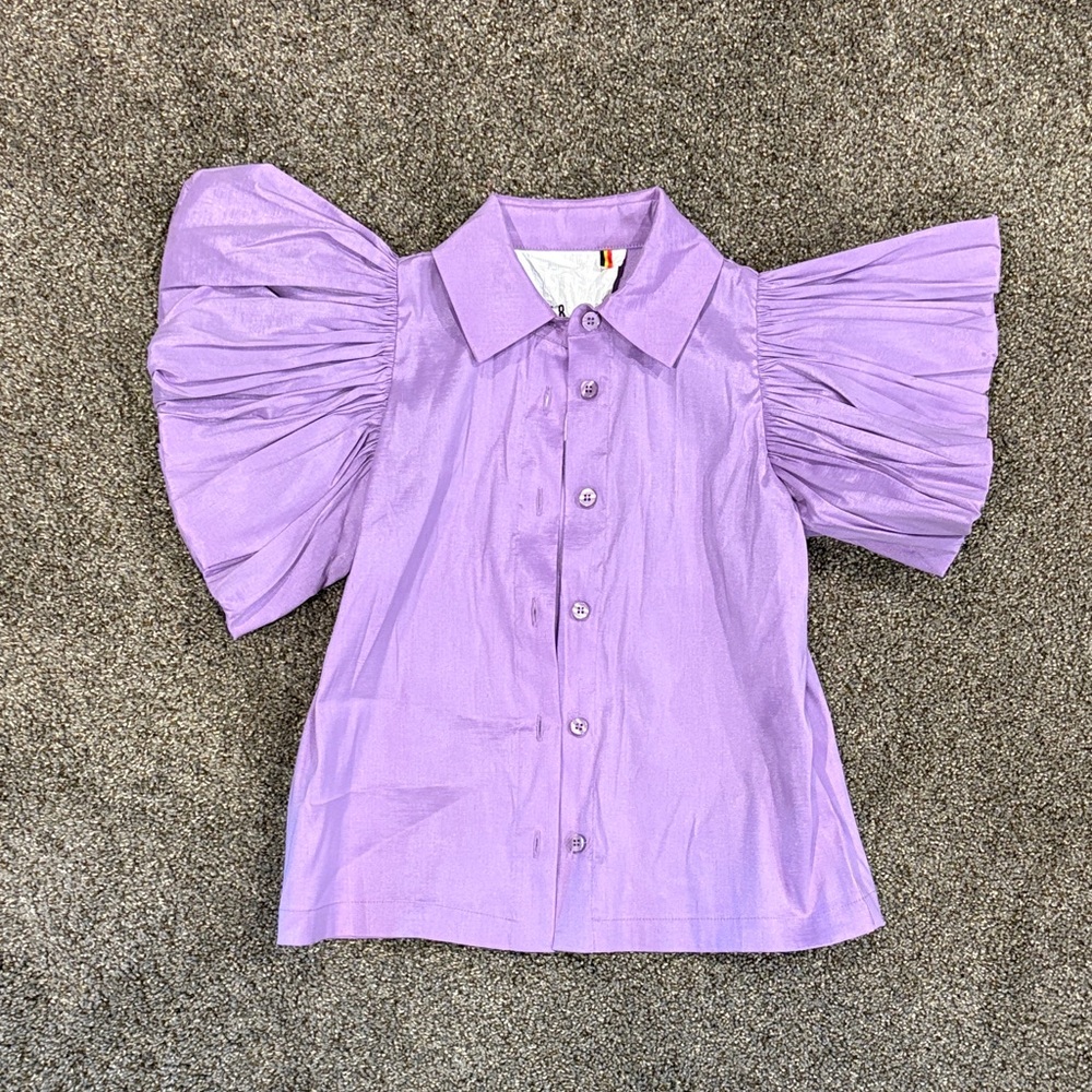 Caroline Bosmans Lilac Button Down Shirt with Puff Sleeves